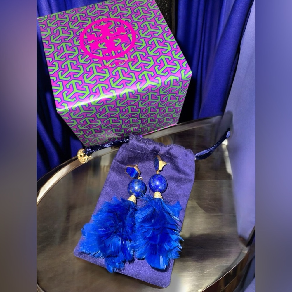 Tory Burch Feather Drop Earrings in Royal Blue PIERCED W/Box & Pouch FULL INCL.